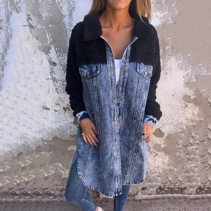 🎁Nieuw product 49% korting 💖Een lang dameshemdjack van denim met sherpavoering