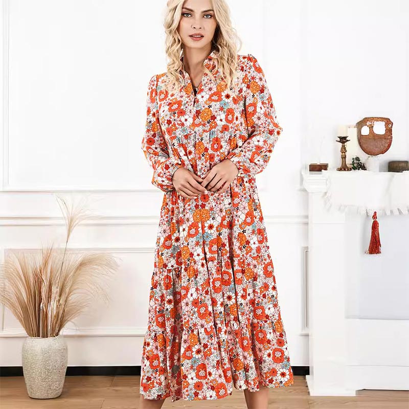 Women's Long Sleeve V Neck Bohemian Midi Dress