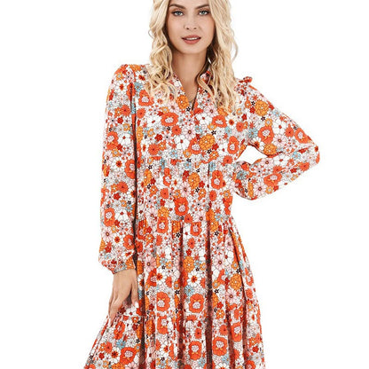 Women's Long Sleeve V Neck Bohemian Midi Dress