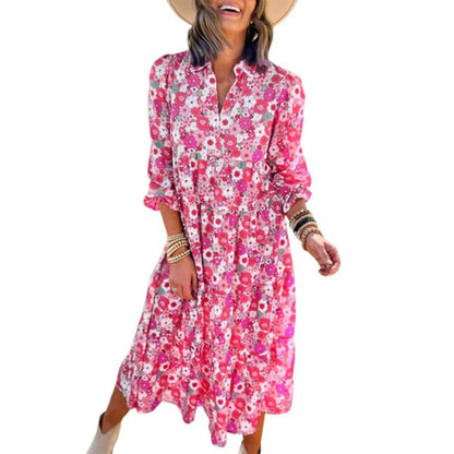 Women's Long Sleeve V Neck Bohemian Midi Dress