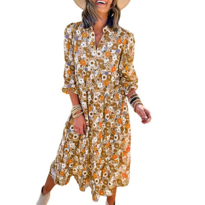 Women's Long Sleeve V Neck Bohemian Midi Dress